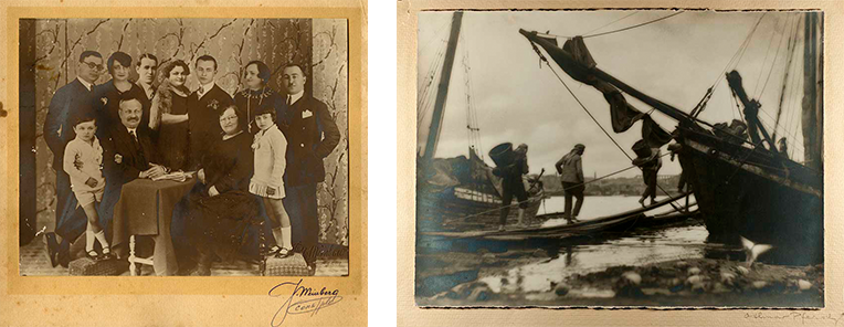 A studio photograph of a Jewish family in Istanbul from the 1920s. Coal porters on the Golden Horn in the 1930s. Phot. (L) Jean Weinberg, Phot. (R) Othmar Pferschy 