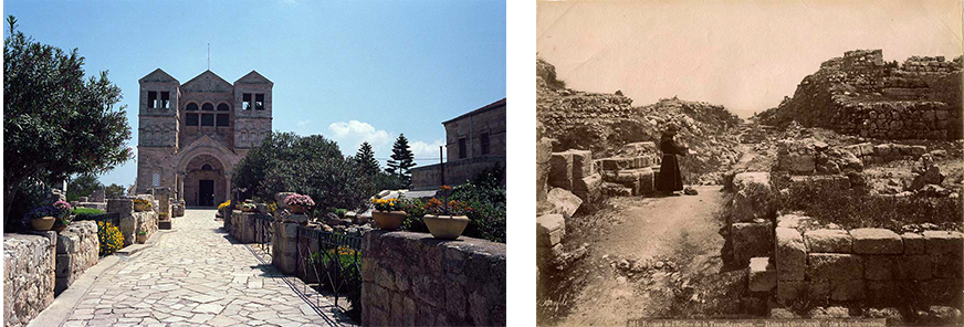 The Roman Catholic Church of the Transfiguration atop Mount Tabor alongside a 19th century photograph, which shows a monk among the ruins of an ancient church at the same location. Phot. (left) Norbert Schiller. Phot. Bonfils