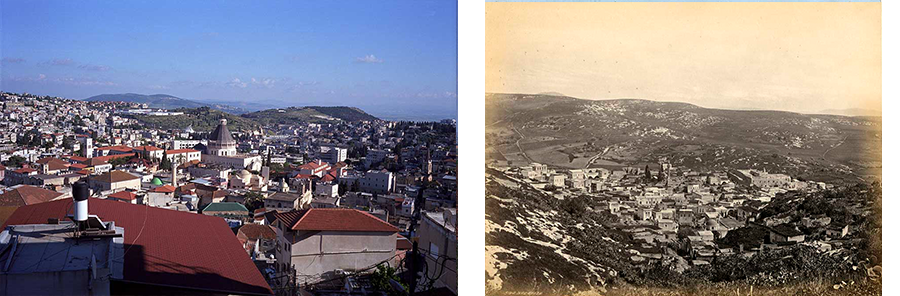 A view of Nazareth showing the Basilica of the Annunciation alongside a nineteenth century photograph of the city center without the black-domed church. Phot. (left) Norbert Schiller Phot. Frank Mason Good