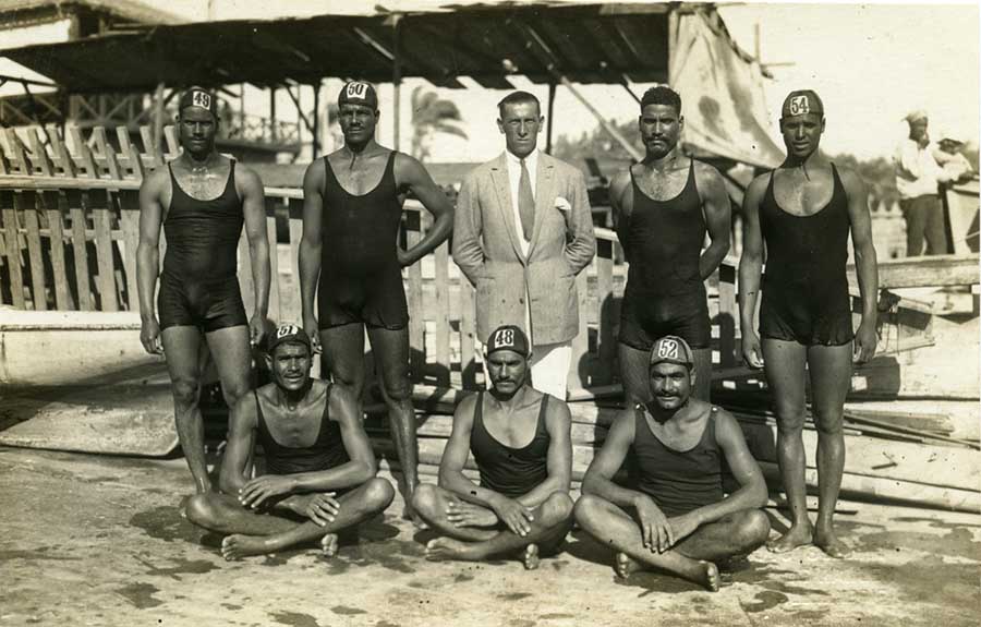 Egyptian male competitors wearing similar swimsuits  as their female counterparts. Norbert Schiller Phot. Sellian