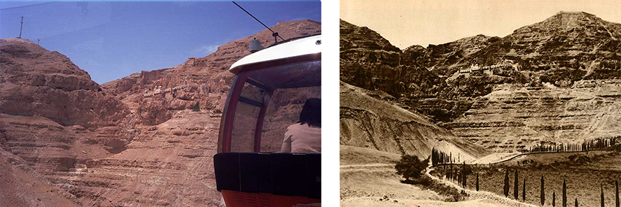 A cablecar takes pilgrims up to the Monastery of Temptation which marks the place where Jesus was tempted by the Devil. Before the cable car was built, pilgrims had to walk up a path leading to the monastery. Phot. (L) Norbert Schiller, (R)N. Schiller Collection, Karl Gröber