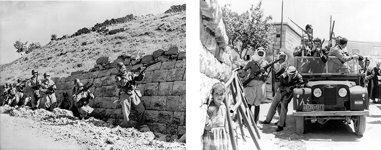 Lebanese soldiers (L) and pro government Druze fighters (R) exchange gunfire with anti-government rebels in the Chouf Mountains southeast of Beirut. Norbert Schiller Collection. Phot. AP Wire Photo