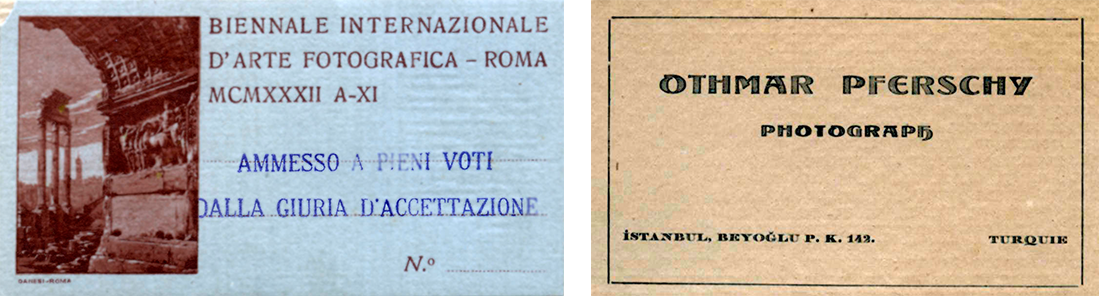 The Biennale Internazionale entry stamp  which translates, "International Biennial of Art Photo - Rome 1932 A-XI; Admitted to full vote by the jury of acceptance." Both the stamp and   Pferschy's calling card were glued to the back of one of his photographs.