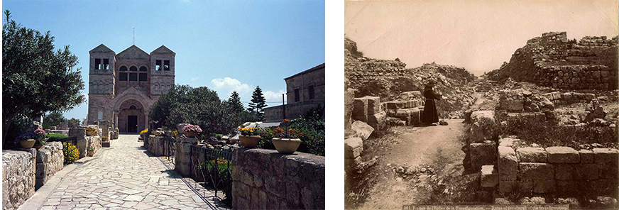 The Roman Catholic Church of the Transfiguration atop Mount Tabor alongside a 19th century photograph, which shows a monk among the ruins of an ancient church at the same location. Phot. (left) Norbert Schiller. Phot. Bonfils