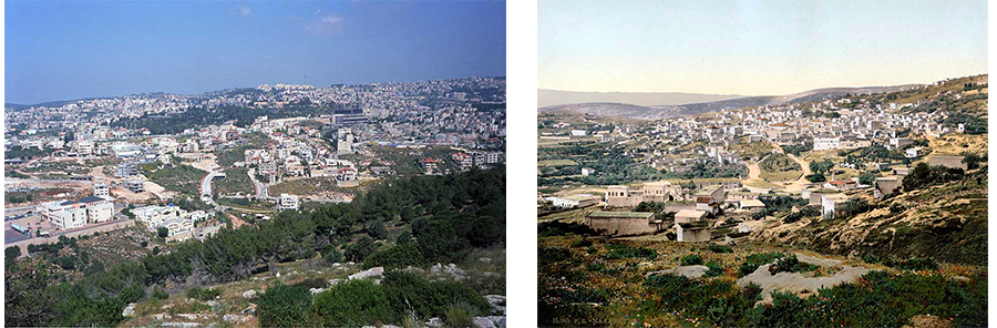 An aerial view of Nazareth photographed in 2016 (L) alongside a colored photochrome taken in 1880s from a similar angle. Phot. (left) Norbert Schiller Phot. (right) Bonfils
