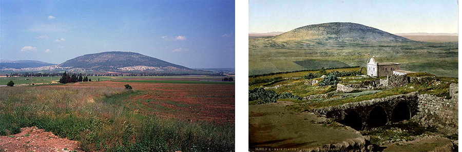 Mount Tabor shown in the distance alongside a late nineteenth century colored photochrome taken from a similar angle. Phot. (left) Norbert Schiller. Phot. Bonfils