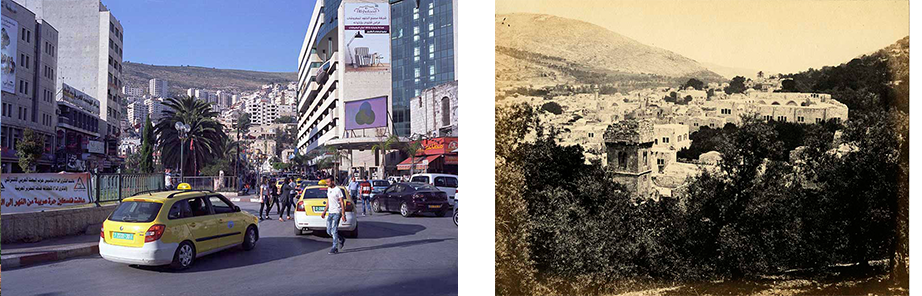 The central square in Nablus (L) alongside a 19th century photo that shows Nablus between Mount Ebal (L) and Mount Gerizim. Phot. (left) Norbert Schiller Phot. Francis Frith