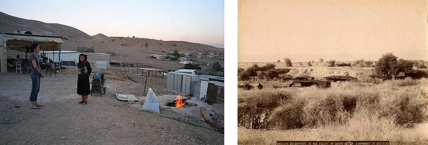 A Modern Bedouin camp near Jericho with tin shed roofs alongside a 19th century Bedouin camp in the Achor Valley north of Jericho. Phot. (L) Norbert Schiller, (R) N. Schiller Collection, Bonfils