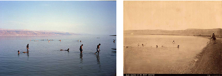 Bathers floating in the Dead Sea approximately 140 years apart. Phot. (left) Norbert Schiller, Phot. Luigi Fiorillo
