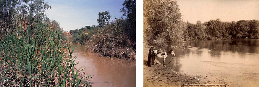 The Jordan River today is much narrower than it was in the 19th century. The demand for water has depleted the river's supplies. Phot. (left) Norbert Schiller, Phot. (Right) Bonfils